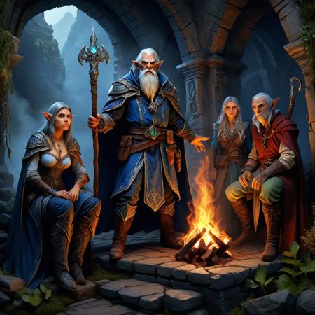 Ultra realistic full body color pencil drawn portrait of  
a fantasy group of a wizard, a ranger, a half-orc and an elven healer exploring a dungeon.
BREAK
Deep dark intense midnight blue foggy background, with swirling fires and sparks,
dynamic lighting, (soft shadows), (soft focus),  (photo realistic), uhd, 8k