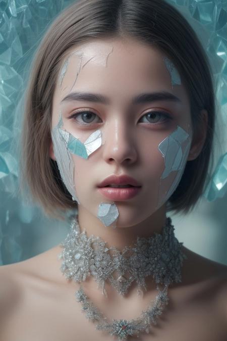 (in Otomo Katsuhiro style:1.2), high-quality, masterpiece, Photo of a womanas face emerging from a fragmented glass sculpture, her expression calm yet distant, each fragment reflecting different parts of her face, soft light refracts through the glass, casting rainbow-colored reflections, Style is Surreal and crystalline, Lighting is Diffused with prismatic highlights, refracted light, shattered glass effect, soft bokeh, (elaborately detailed attire with extraordinary elements:1.1), big natural breasts, (hyperdetailed:1.1), (intricate details:1.0), (Refined details:1.1), (best quality:1.1), (high resolution:1.2)
