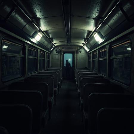 A liminal space inside an abandoned train car, dimly illuminated by flickering overhead lights. The seats, covered in old, worn-out fabric, are eerily empty. The air is thick with the stale scent of dust, metal, and something faintly rotting, though you see nothing. The windows reveal nothing but an endless void—no landscape, no stations, just blackness stretching forever.
The train hums along the tracks, yet there is no conductor, no passengers—just you.
At first, it seems like you’re alone. But then, in the reflection of the window, something shifts. A silhouette, barely noticeable in the dim light, hunched in the farthest corner of the train car. Its form is wrong, too thin, too elongated, as if its body was never meant to exist here.
It is motionless. Watching. Waiting.
You tell yourself it’s a trick of the light, but deep down, you know the truth. Now that you’ve seen it, now that you’ve acknowledged its presence, it won’t let you go.
The lights flicker again.
It’s closer.