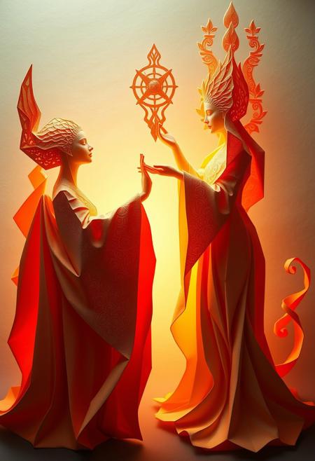Warm intricate origami style, symbolist theme, ethereal figures with intricate details, luminous palette, allegorical subjects, spiritual symbolism, dreamlike composition, flowing drapery, celestial light, esoteric iconography, elongated forms, harmonious surreal aesthetic, folded paper look, geometric precision, reds oranges yellows.