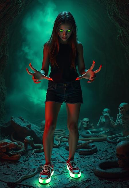 Real Life, realistic, extremely detailed digital_photography, realistic_lighting, 
a spooky cave, skeletons and corpses, snakes, ghosts, a glowing eerie fog in the background
a nightmare-monster, standing in a threatening pose, glowing green eyes trying to hypnotize the camera. hands like claws with bright red nail polish. 
she is wearing (((Vans-Authentic-sneakers))), (((sneakers canvas that glow from within with an eerie green light)))
(((full body visible))), (((sneakers visible))), perfect anatomy, perfect legs