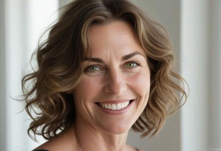 A meticulously detailed, hyper-realistic studio portrait of Olivia, a 45-year-old woman with sun-kissed skin and bright green eyes. She has a slim, oval, delicately contoured face with high cheekbones, a narrow jawline, and a subtle V-shaped chin. Her wavy, short-length light brown hair is casually tousled, framing her naturally beautiful face. Her skin has realistic texture: visible pores, soft natural wrinkles, gentle laugh lines, and minor imperfections that enhance authenticity. She wears a warm, genuine smile with slightly imperfect teeth. The lighting is soft window daylight, captured with an 85mm lens at f/4, with natural color grading and an unedited RAW film look — inspired by Kodak Portra 400. No makeup retouching, no plastic effect, no artificial smoothing.