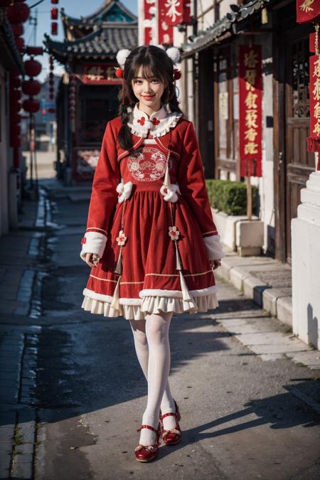 best quality, masterpiece, realistic, photorealistic, 1girl, solo, looking at viewer, light smile, full body, jum, low twintails, bangs, cyb dress, chinese clothes, frilled dress, wide sleeves, long sleeves, white pantyhose, shoes, chinese town, ancient chinese building, chinese street, people, chinese new year, chinese lantern, spring festival, <lora:chinese_new_year_dress_style2_v1:0.7>