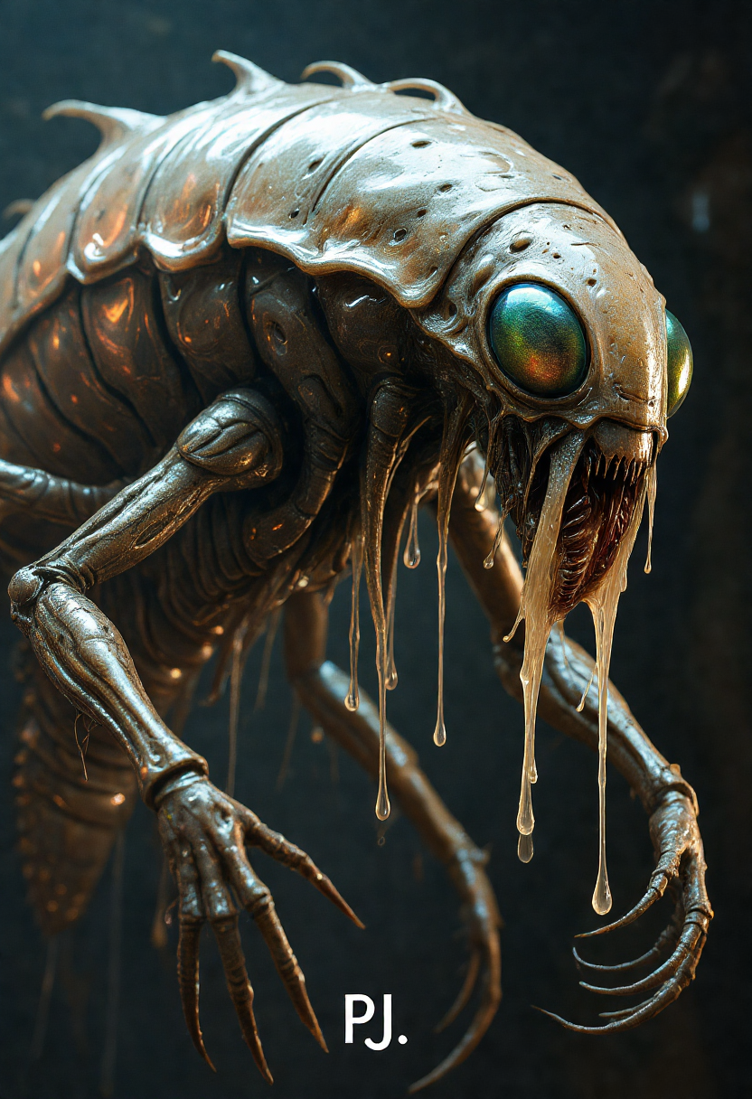 A close-up view of a bizarre insectoid alien, its segmented, metallic exoskeleton seemingly melting into a semi-liquid form, glistening with a wet, organic sheen. Strange, fluid-like patterns ripple across its armor, as if alive, shifting and rearranging. Its twitching mandibles drip with a thick, translucent gel, while its multifaceted eyes shimmer like liquid gemstones, constantly shifting and reforming. Thin tendrils of viscous ooze trail from its limbs, pulsating faintly as bioluminescent veins glow beneath the surface, suggesting a fluid, ever-changing structure. The alien's form seems both solid and formless, hovering between a creature of metal and living plasma.
