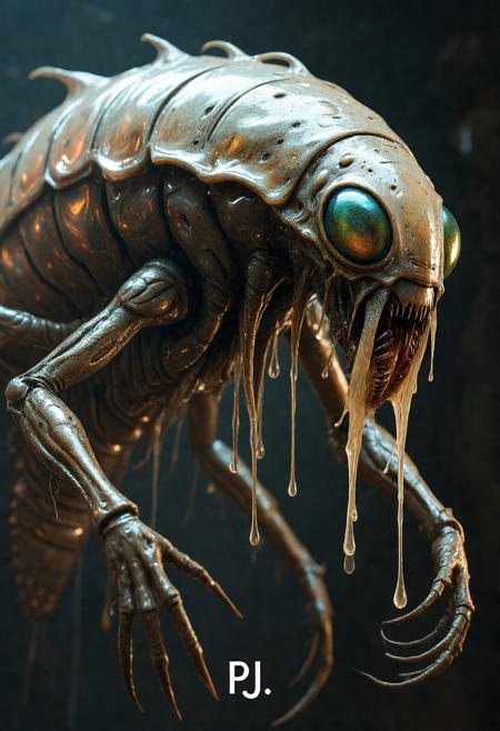 A close-up view of a bizarre insectoid alien, its segmented, metallic exoskeleton seemingly melting into a semi-liquid form, glistening with a wet, organic sheen. Strange, fluid-like patterns ripple across its armor, as if alive, shifting and rearranging. Its twitching mandibles drip with a thick, translucent gel, while its multifaceted eyes shimmer like liquid gemstones, constantly shifting and reforming. Thin tendrils of viscous ooze trail from its limbs, pulsating faintly as bioluminescent veins glow beneath the surface, suggesting a fluid, ever-changing structure. The alien's form seems both solid and formless, hovering between a creature of metal and living plasma.