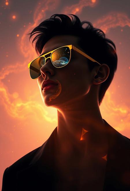 A figure with golden sunglasses reflecting a swirling nebula, their silhouette outlined in celestial light,
 hyper-realistic contemporary portrait with glowing cosmic surrealism, bold minimalist composition with psychedelic light effects, fashion-forward figure radiating celestial energy, smooth airbrushed blending with crisp realism, ethereal dreamlike aura, visionary futuristic elegance
