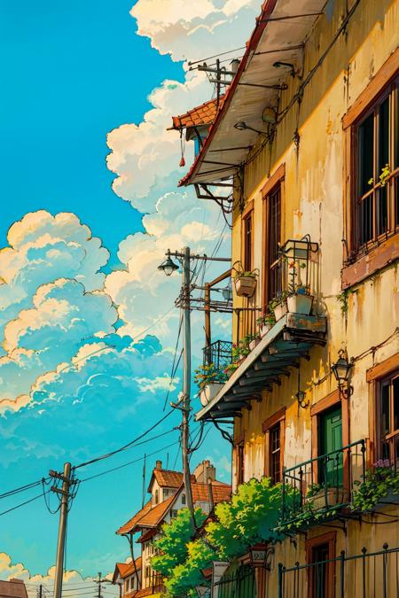 outdoors, sky, cloud, day, black hair, scenery, shirt, tree, blue sky, building, sign, 1girl, shorts, 1boy, power lines, white shirt, house, english text, railing, long hair, wide shot, short sleeves, utility pole <lora:airconditioner:1>