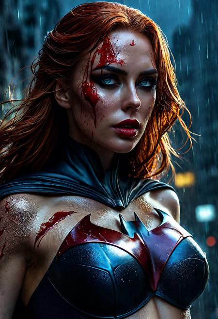 High resolution ultra-realistic of Beautiful bloody Batgirl  fighting against alien invasion, masterpiece, best quality, 1girl, batgirl, close up, realistic, dirty, bruise, blue eyes, mask, bodysuit, red hair, lips, long hair, solo, dark, cinematic style, standing on a bloody and stormy battle in a destroyed Gotham city in a fighting pose, bloody and dirty, realistic combat costume, whole body, perfect athletic figure, wavy long red hair, handsome bloody face, beautiful perfect detailed pupils, wet oily shiny skin, covered in dirty and blood, beautiful firm Breasts, defiant and seductive, attractive 21 year old Batgirl, 8k resolution concept art portrait by Greg Rutkowski, Dark Gotham City, Artgerm, WLOP, Alphonse Mucha, dynamic lighting, hyperdetailed, intricately detailed, Splash art trending on Artstation triadic colors, Unreal Engine, 5 volumetric lighting, Cinematic Lighting, intricate, smooth, sharp focus digital painting, Asymmetrical Balance, realistic eyes, ultra detailed atmospheric details, sparkle effects, realistic body proportions, beautiful body female soldier proportions, complex masterpiece, dramatic atmosphere
