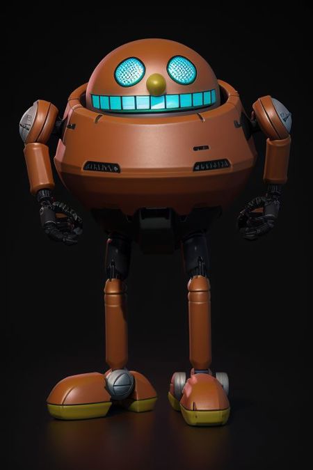 Egg Pawn, robot, orange round body and a dome-shaped head, blank cyan eyes, sharp yellow nose, a wide glowing panel for a mouth