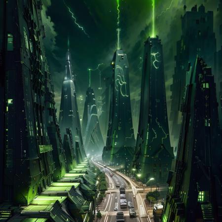 Necron_Architecture electricity, green glow, green theme,