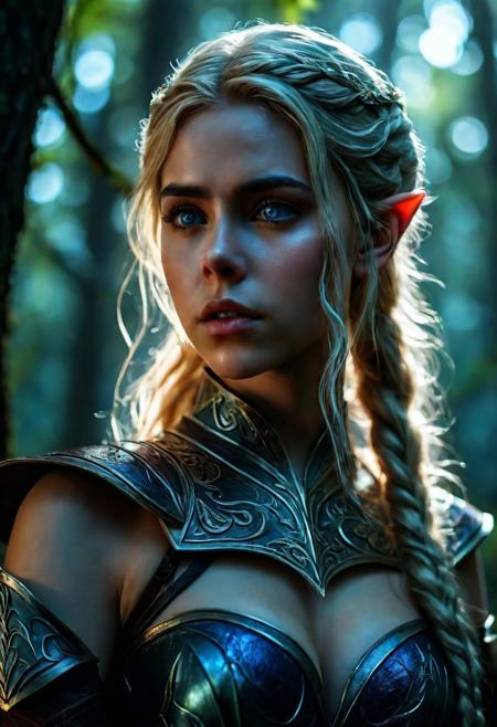 High resolution of ultra-realistic Beautiful Elf Warrior girl, ultra-realistic body, perfect athletic body, Attractive Elf girl, artgem, WLOP, sitting spread-legged on a stump in a dark forest, beautiful Kiernan Shipka as Elf Warrior girl, night of the full moon, realistic elven leather armour, pointed elf ears, defiant and seductive, covered in dirty and blood, cinematic colors Lighting, extremely detailed, 8K, wavy blonde hair, realistic dirty pale face, realistic blue eyes, beautiful Elf girl on in dark fantasy cool outfit, hyper-detailed, hyper-realistic, Attractive 21 old years Elf woman, Attractive, beautiful firm Breasts, wet and sweaty skin, Dark fantasy style, Dark fantasy atmosphere, sharp focus, digital painting, Photograph Taken on Nikon D750, Alphonse Mucha, 8K, athletic figure, Hyperdetailed, hyperrealism, attractive woman, beautiful woman of athletic body, Attractive bust girl, asymmetric balance