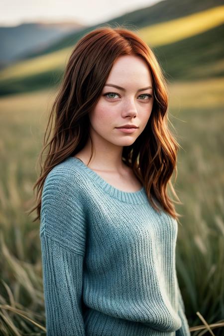 beautiful woman (emmast0ne:.99), beautiful hair, ((portrait)), (closeup:1.2), ((from the waist up)), posing for a picture ((in a grassy field:1.2)) , natural skin texture, (wearing a blue sweater:1.2), 24mm, 4k textures, soft cinematic light, adobe lightroom, photolab, hdr, intricate, elegant, highly detailed, sharp focus, ((((cinematic look)))), soothing tones, insane details, intricate details, hyperdetailed, low contrast, soft cinematic light, exposure blend, hdr, now, ("I've got a bad feeling about this.":1.1)