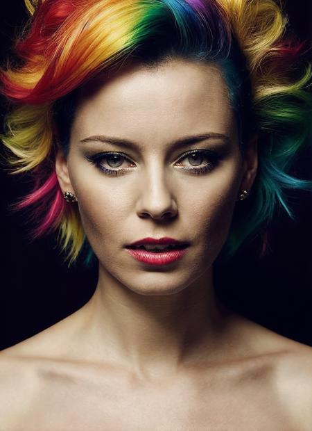 portrait of sks woman by Flora Borsi, style by Flora Borsi, bold, bright colours, rainbow Mohawk haircut, ((Flora Borsi)), <lora:locon_elizabethbanks_v1_from_v1_64_32:1>