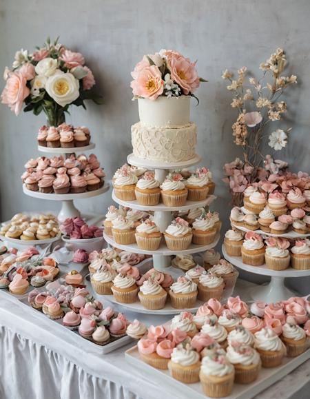 A modern dessert bar showcasing a variety of gourmet cupcakes with intricate frosting designs, macarons in pastel colors, and a tiered cake topped with edible flowers.