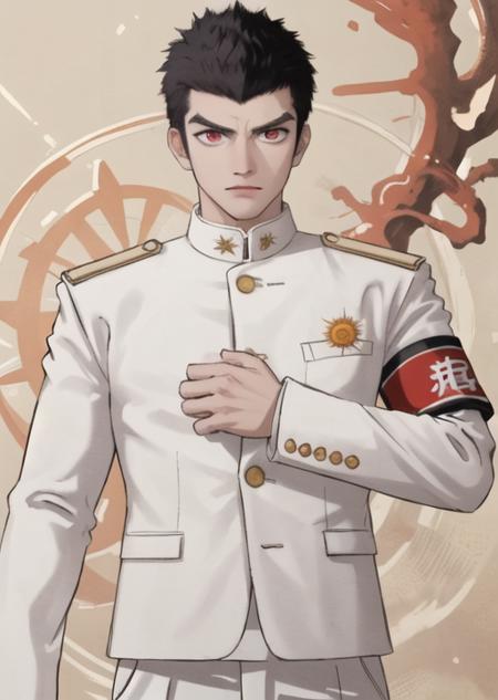 masterpiece, best quality,<lora:kiyotan_vB:0.42>, 1boy, thick eyebrows, red eyes, very short hair, white jacket, white_pants, long sleeves, armband, sun