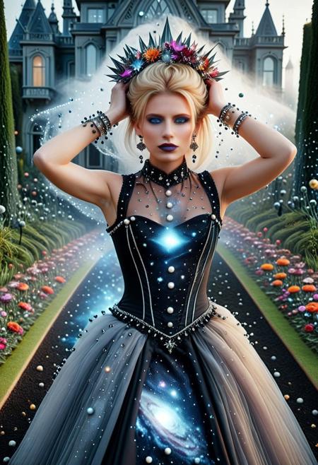 (CosmicStyle:2.5), female, solo, masterpiece, best quality, highly detailed, sharp focus, dynamic lighting, evening with golden hour lighting, professional grade, Photo realistic, Natural atmospheric lighting, intricate details, 35mm photograph, film, professional, 32k visuals, highly detailed, elegant, (scenery:2), (outdoor:2), golden hour, sunset, close up, ultra detailed, 32k, UHD, colorful, high quality, sharp focus, glamorous, (Victorian dress:1.9), European woman, 1girl, wrinkles, (anatomically correct:2.2), (fully dressed:2), (transparent CosmicStyle mansion:2.6), dynamic position, She has blue eyes, face and upper body of an arrogant lady, beautiful 25 year old woman , high cheekbones, wearing red lipstick, natural eyes, black eyeliner and false eyelashes. She has thick lips and is gorgeous, Blonde Woman, brunhilde, beautiful woman,blond hair, dark makeup, spiked bracelets, pearl earrings, (Cosmic Style ground fog:2.4), (CosmicStyle flowers in the garden:3.2), (hands behind the head:2.6).