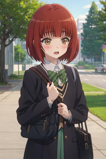 best quality, masterpiece, highres, solo, {shinoda_akane_nonnonbiyori:1.15}, short_hair, brown_hair, brown_eyes, bangs, blush, anime_coloring, red_hair, 1girl, bag, open_mouth, tree