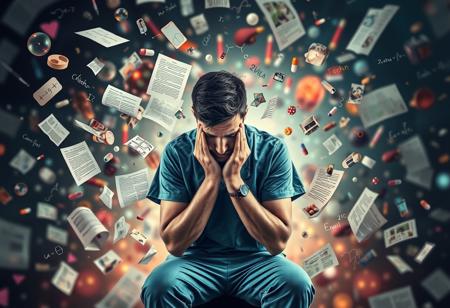 A male nursing student seated in the center of a chaotic storm of floating scientific articles, medical diagrams, and glowing equations. His head is in his hands, symbolizing hyperfrustration and mental exhaustion, while the chaos around him forms into the shapes of medical tools, pills, and anatomical organs. The background blurs into swirling colors and fragmented pieces of text, reflecting his overwhelmed state of mind. Artistic, surreal, and emotionally intense.