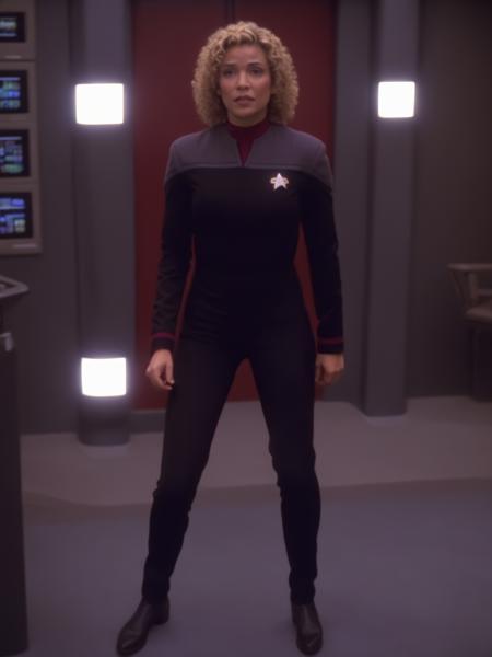 young latino woman with blond hair in black and red ds9st uniform,in dsnstation room<lora:DS9XL:0.8>