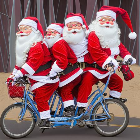 santasride is a blue tandem bike with two santas riding, side view