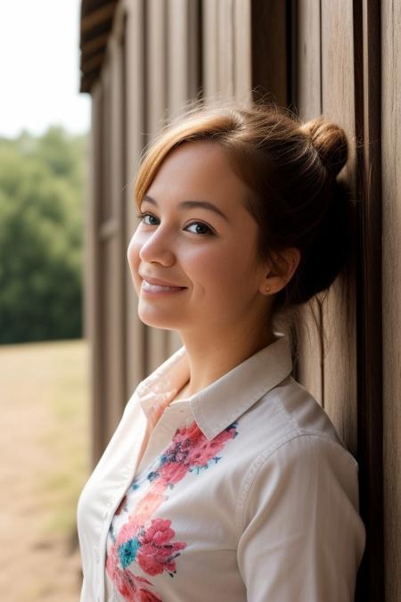 3/4 shot, photograph of, a woman with a voluminous messy bun hair, auburn highlights, wearing a button down collared blouse with a colorful floral pattern, busty, leaning up against worn barn door, head tilted, smirking at the camera, natural light, extremely intricate details, masterpiece, clear shadows and highlights, realistic, enhanced contrast, highly detailed skin, f/2.8, bokeh
