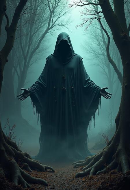 A universe inside a dark cloaked figure within mysterious landscape in an unfathomable realm of fantastic creation inhabited by ancient shadows of a forgotten time beyond the gate of the gateless gate where life is limitless, light is shadow and shadow is light, eerie sense, horror, spark of the beginning, existence and nonexistence at once, ethereal, outstretched arms, behold the end of the beginning, inglorious glory to the dark one, betrayal of the ancient order, beware the 7headed beast, destroyer of the old ways, bearer of the unbearable, nightmarish, archaic runes, tree aging backwards