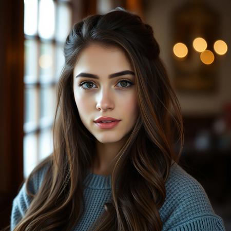 Create an image of a brunet girl with long hair, very beautyful