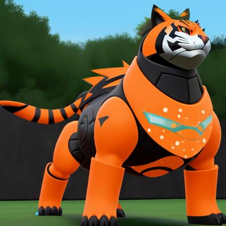 futuristic pokemon, fire type, based on a tiger, <lora:Tech-Pokemon:1>