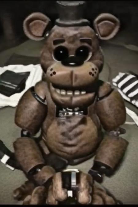 freddy, brown fur, shallow focus, depth of field, dirt, grain, camera lens, vintage, printed photography, ((sitting on floor,)) dark scene, black eyes, no eyes, no pupils, black sclera