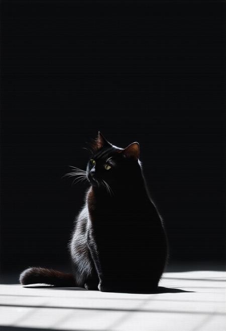 A solitary, thick black cat, a study in luxurious fluff, rendered in a minimalist style. Imagine shimmering white light gently caressing its silhouette against a deep midnight black background. Linear shapes define its form - a subtle curve of the back, the sharp angle of an ear â creating a balanced, almost abstract composition. The impressionistic quality lends a softness and dreamlike feel, while the stark contrast emphasizes the catâs presence. Think Henri Matisse meets digital abstraction; reduction of form, uniformity of texture, a quiet, contemplative scene. Focus on the interplay of light and shadow, creating an ethereal, almost ghostly beauty. 8k, trending on artstation, volumetric lighting, photorealistic, high detail.