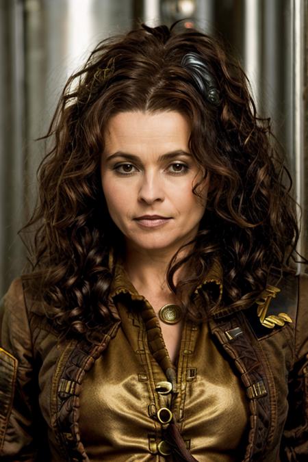 <lora:Helena_Bonham_Carter:1> 1woman, solo, mature hb1873c, , brown_hair, wavy hair, messy hair, captain costume ,  nuclear powerplant , evening