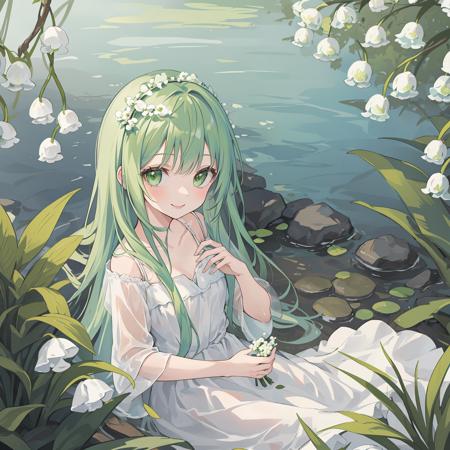 The spring is surrounded by lily of the valley. The water of the spring is transparent, and colorful stones can be seen at the bottom.
BREAK
A girl in a white dress sits by the spring. She picks lily of the valley and makes a flower crown (flower crown:1.4), looking very happy. Her hair is light green and long.