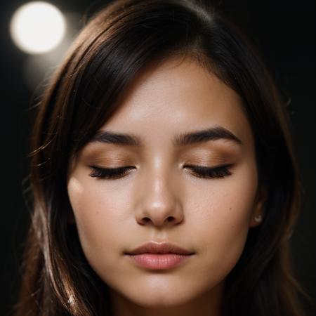 face closeup,closed eyes,beautiful woman,dark theme, detailed skin, empty background