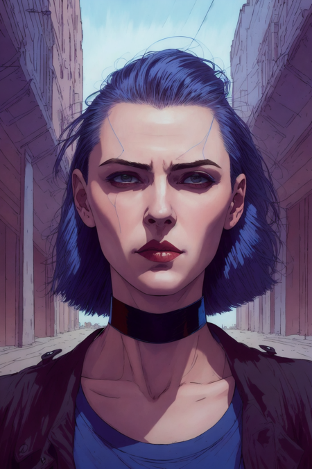 portrait of 1 woman, pale skin, blue short hair, blue lips,   perspective,  long hair,
 (realistic, comic   by Enki Bilal)  
high contrast, best shadow, cinematic lighting 
(masterpiece, best quality:1.3),
  <lora:epiNoiseoffset_v2:1>