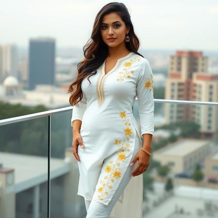 Model Appearance: The model hair is styled in a loose, casual updo with a few strands framing her face. she has curvy hourglass figure, with large D-cup breasts and wide hips.
Outfit: She is dressed in a matching white, tight-fitting kurti consisting of a sleeve tunic and matching pants. The tunic has a V-neck and is tight around her breast and hips, embroidered floral patterns in shades of yellow and white, depicting her curvy figure, slit by side. The kurti flared at thighs and sleeves are sheen.
Setting: she standing on a balcony with a cityscape visible in the background.