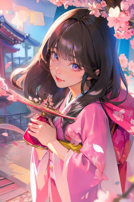 Girl, 
(Masterpiece,  best quality:1.4),  realistic details,  extremely details photo,  HDR photo,  unity,  official art,  ((anime style,  2.5D illustration)),  dutch angle,  (extremely details,  high resolution:1.3),  Cowboy shot,  (focus face:1.2), 
Nature lights,  Black hair,  (Pink kimono,  sakura pattern), Japnaese , Raye face
Detail background,  pink and blue tone,  sunset,  fantasy sky,  japanese street,  sakura, <lora:EMS-59894-EMS:0.700000>, , <lora:EMS-179-EMS:0.400000>