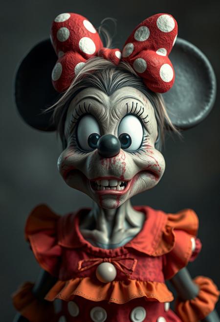 Minnie Mouse as a real life charater, she is a zombie, hyper realistic, ultra detailed skin surface, ultra detailed hair