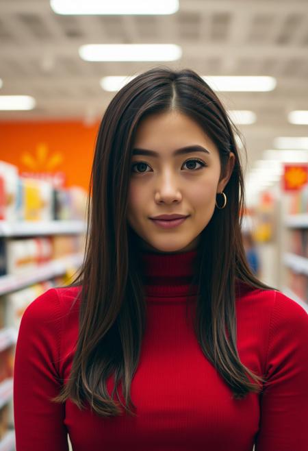 The image is a close-up portrait of a young woman pokimane, wearing a red turtleneck dress. She has dark brown hair and brown eyes. She is in walmart, Pokimane