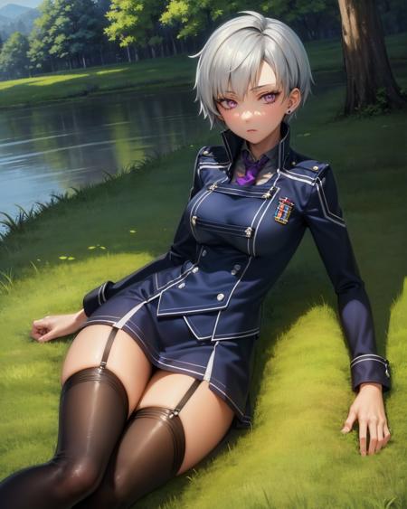 best quality, (masterpiece:1.2), illustration, absurdres,
(1girl, solo), (beautiful detailed girl),
<lora:Valerie-08:0.8>, Valerie, grey hair, purple eyes, purple ear studs,
 blue military uniform, long sleeves, purple neckwear, black thighhighs, garter straps, boots, 
grassy mountains, trees, chinese architecture, river, plants,,
lying,
cowboy shot,,
gloomy, looking at viewer