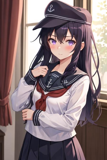 best quality, masterpiece, highres, solo, {akatsuki_kantaicollection:1.15}, long_hair, serafuku, hat, anchor_symbol, purple_eyes, purple_hair, flat_cap, blush, black_hair, hair_between_eyes, 1girl, neckerchief, school_uniform, looking_at_viewer