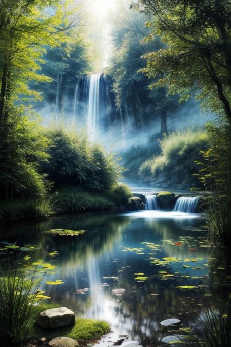 masterpiece, best quality, absurdres, illustration, photorealistic, magic aura, glowing water, sparkling light, enchanted flow, ethereal mist, mystical pond, luminescent aura
