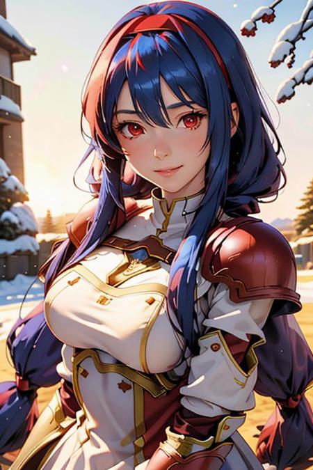 armored dress, red eyes, blue hair, bangs, sidelocks, very long hair, twintails, bangs, red hairband