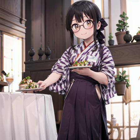 best quality, ultra-detailed, illustration,
BMC, 1girl, black hair, long hair, glasses, ponytail, hair ribbon, smile, happy, brown eyes, standing, 
waitress, japanese clothes, (yagasuri:1.2), hakama skirt, purple hakama, kimono, tasuki, cross-laced footwear, lace-up boots, 
menu, holding, food, plate, indoors, table, 
 <lora:Basyamichi_uniform_SD15_V7:1>