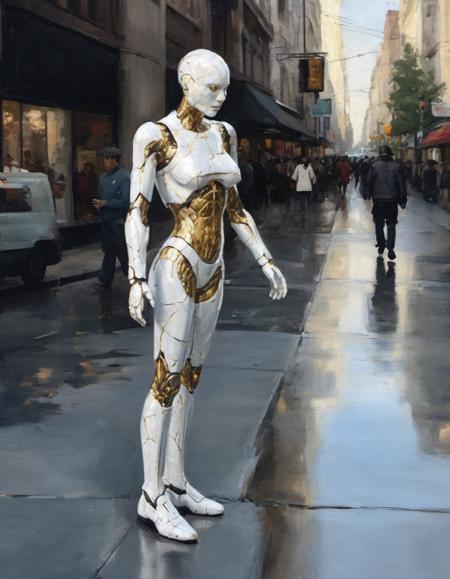 oil painting of an android made of reflective chrome and kintsugi cracked white porcelain beautiful lighting background busy street sidewalk bustling with humans