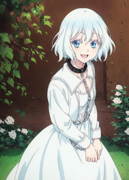 <lora:niehime_to_kemono_no_ou:1>, Sariphi, 1girl, white hair, short hair, solo, blue eyes, chain, dress, open mouth, collar, looking at viewer, anime coloring, white dress, smile, long sleeves, cuffs, collarbon, <lora:Masterpiace:1>