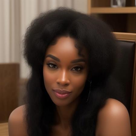 a ebony black woman with curly hair, sitting in a chair, full body shot, sexy body, sza, cocky smirk, there is a glow coming from her, perfect face template, inspired by Nene Thomas, blunt bangs fall on her forehead, 1 4 4 p, zoomed out shot, irisdicense, lowres, cgosciety, bixbite, orb, jasmine