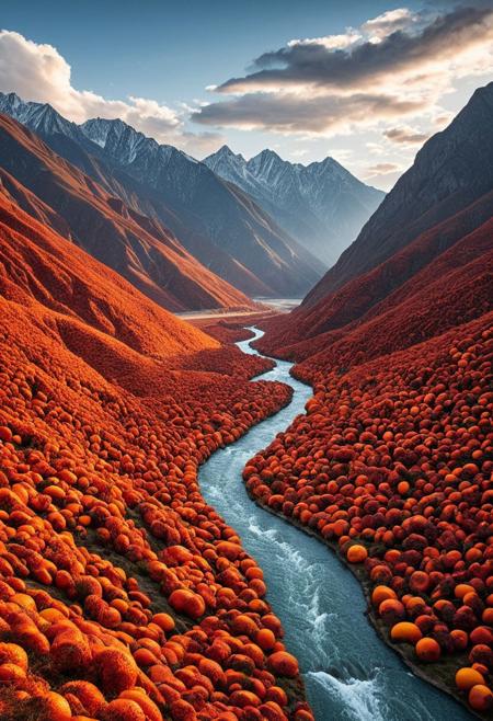 masterpiece, very aesthetic, absurdres, newest, landscape, blood orange style, mountains, valley, river, clouds