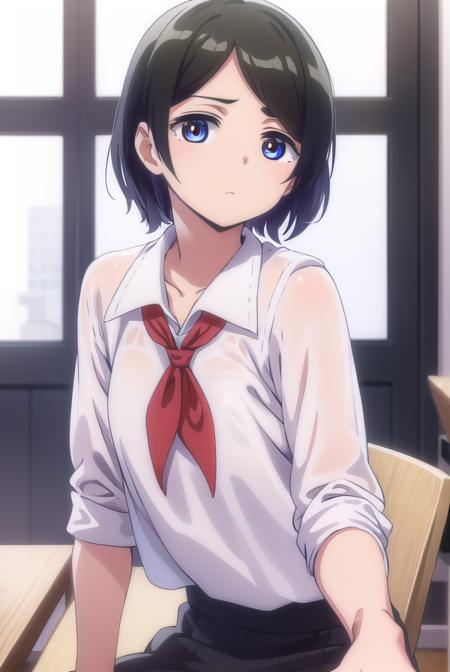 aitanahara, <lora:ai tanahara anime s1-lora-nochekaiser:1>, 
ai tanahara, short hair, black hair, hair ornament, (brown eyes:1.3), hairclip, (swept bangs:1.5), (flat chest:1.2),
BREAK shirt, white shirt, collared shirt, neckerchief, red neckerchief, skirt, black skirt,
BREAK indoors, classroom,
BREAK looking at viewer,
BREAK <lyco:GoodHands-beta2:1>, (masterpiece:1.2), best quality, high resolution, unity 8k wallpaper, (illustration:0.8), (beautiful detailed eyes:1.6), extremely detailed face, perfect lighting, extremely detailed CG, (perfect hands, perfect anatomy),