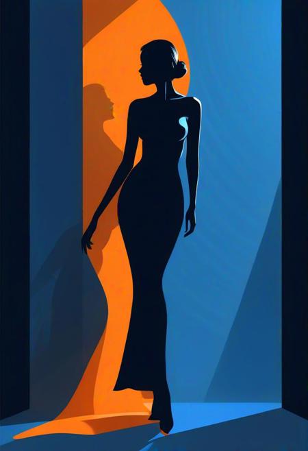 Vector art, Noir silhouette, Centralized composition, (Orange and blue color theme:1.2), Sweeping light, Curvaceous figure, (Striking contrast:1.2), Dramatic shadow play, Minimalist design.