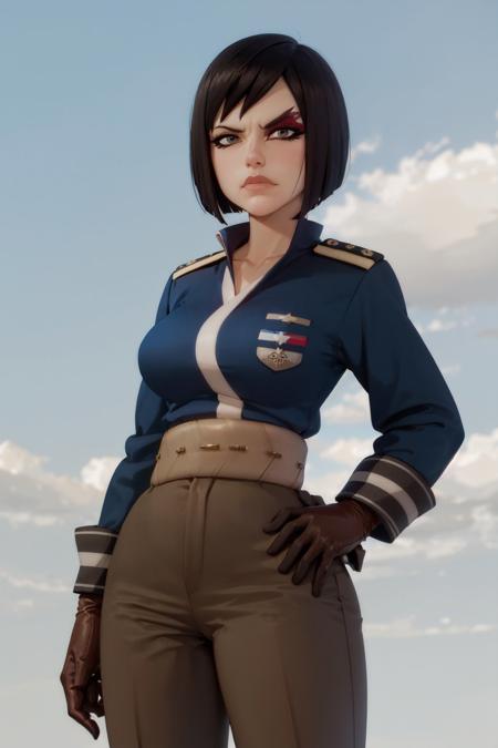 (masterpiece, best quality:1.2), <lora:wakfu_mofette-10:0.9>, cowboy shot, solo, 1girl, frida mofette, makeup, unamused, closed mouth, looking at viewer, black hair, hand on hip, military uniform, pants, brown gloves